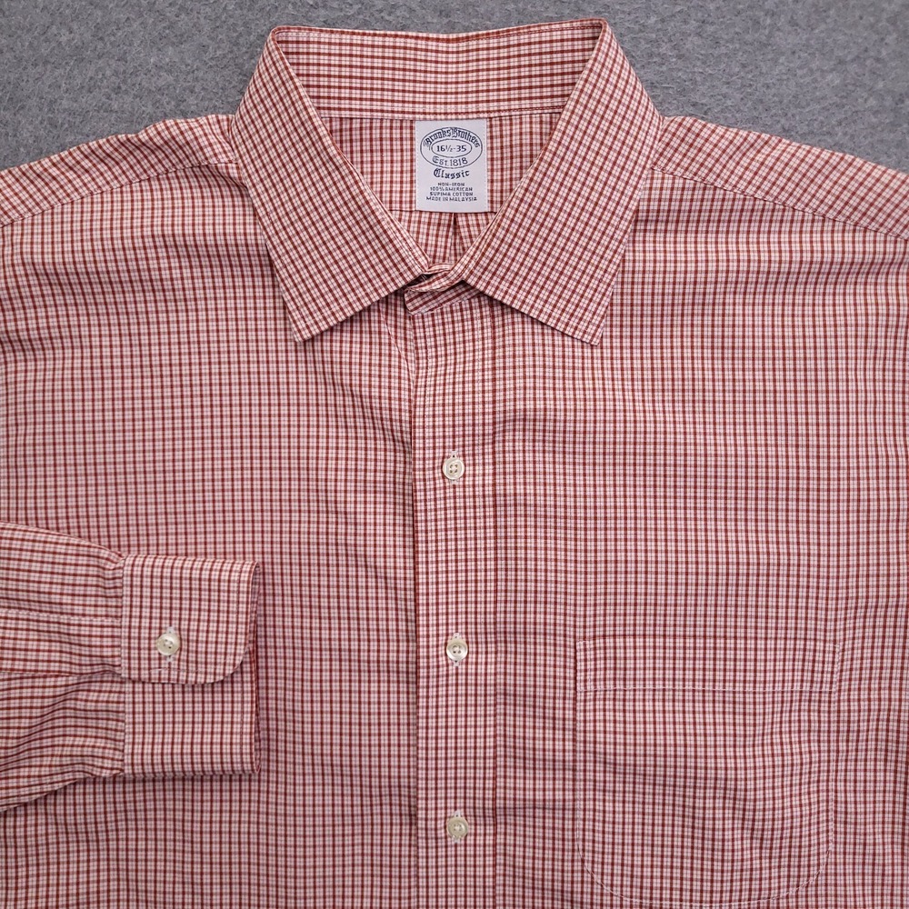 Brooks Brothers Dress Shirt Mens 16.5 35 Classic Fit Non Iron Red Tattersall